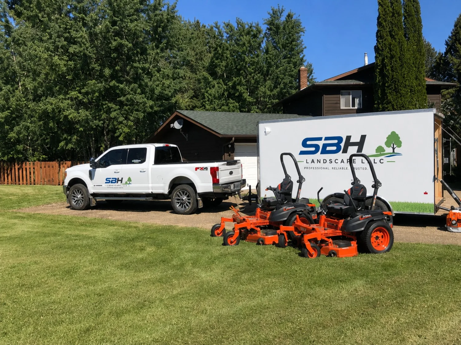 SBH Landscape LLC truck, trailer, and lawn equipment